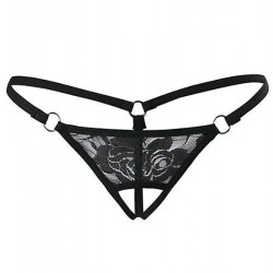 Siyah Dantelli Özel Bölgesi Açık G-String TM1167