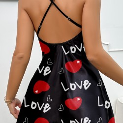 Aşk Temalı Kalp Desenli Siyah Saten Gecelik