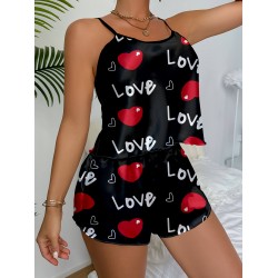 Aşk Temalı Kalp Desenli Siyah Saten Şortlu Gecelik Takım
