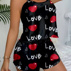 Aşk Temalı Kalp Desenli Siyah Saten Şortlu Gecelik Takım