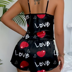 Aşk Temalı Kalp Desenli Siyah Saten Şortlu Gecelik Takım