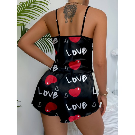 Aşk Temalı Kalp Desenli Siyah Saten Şortlu Gecelik Takım