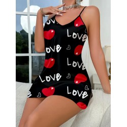 Love Desenli Siyah Saten Gecelik