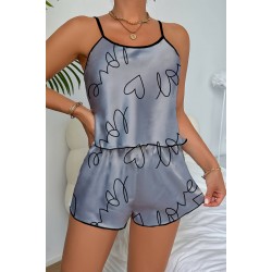 Love Baskılı Gri Saten Şortlu Gecelik Takım
